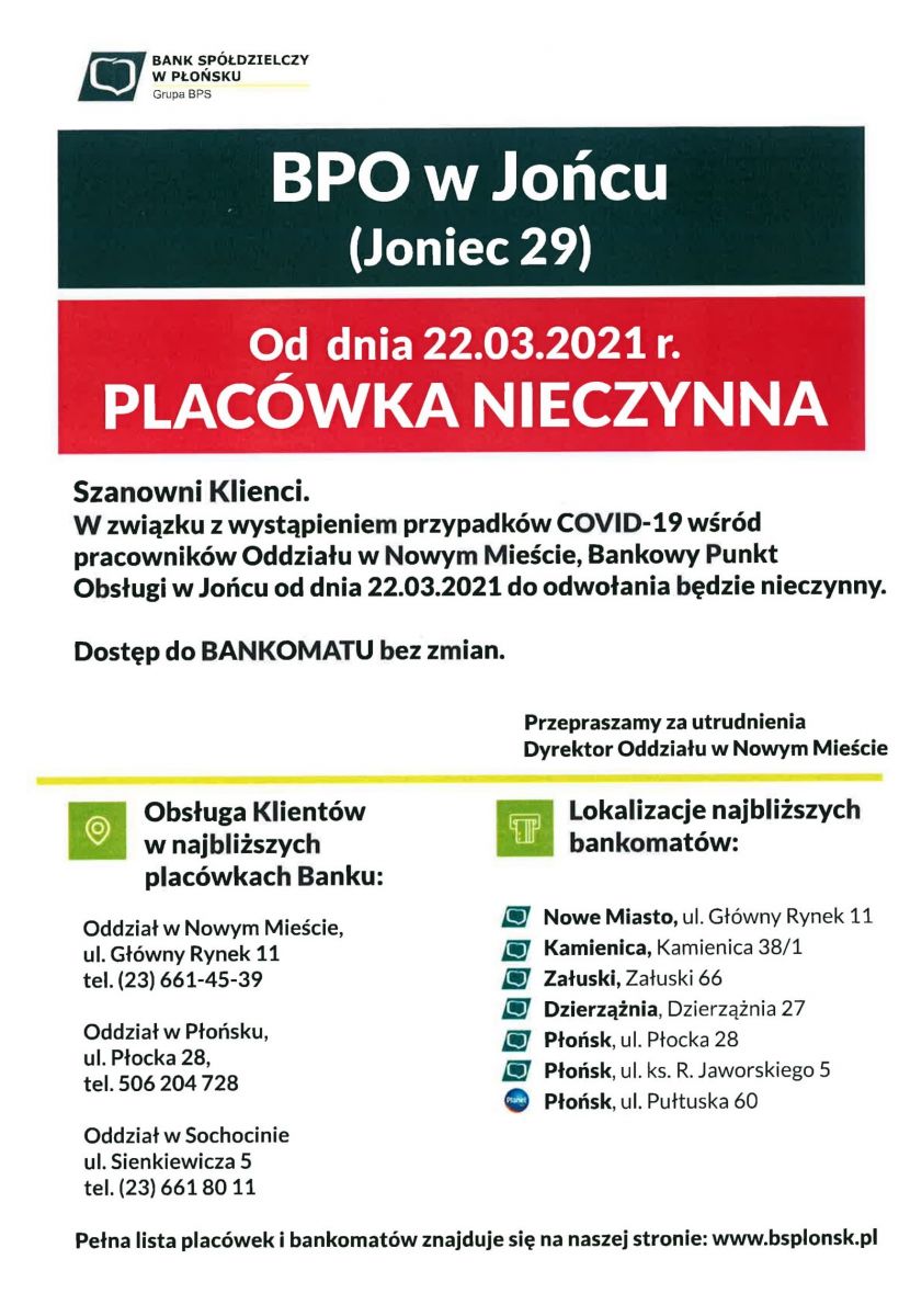 Uwaga! Bankowy Punkt Obsługi w Jońcu nieczynny do odwołania