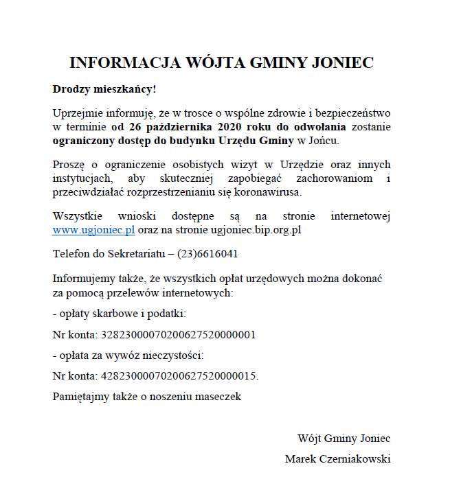 Informacja Wójta Gminy Joniec